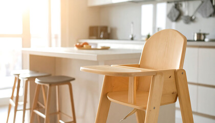 Modern, lightfilled kitchen featuring a wooden high chair. Symbolizes family, infancy, and home life. Ideal for parenting blogs, interior design, or familyrelated content.