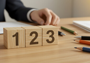 One two three wooden blocks with pencils and notebook on desk business planning and strategy concept