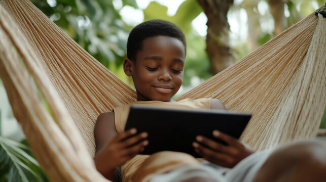 African American boy relaxing in hammock chair while enjoying tablet in a lush garden setting - Powered by Adobe