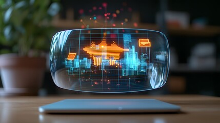 Holographic display of financial data floating above a tablet.