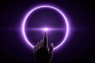 A man's finger is shown touching a virtual digital interface that features a purple illuminated button set against an abstract dark background, representing a future technology concept