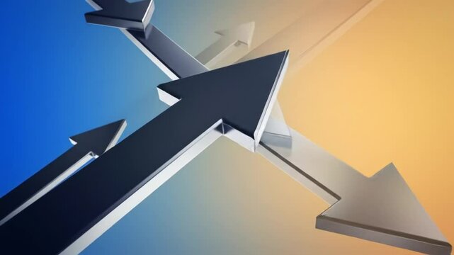 Arrows with sleek designs illustrate upward and downward trends against a smooth gradient background. This visual representation highlights market fluctuations and performance shifts.