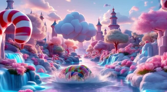 Enchanting candy land scene featuring pink castle and waterside fantasy landscape