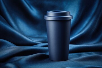 Dark blue travel mug on a rich blue fabric backdrop.