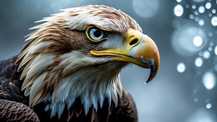 Close-up portrait of an American bald eagle, a majestic bird of prey with a sharp beak and intense eyes, showcasing its wild nature and distinctive white head feathers