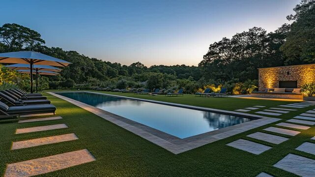 Serene twilight scene of a rectangular pool, surrounded by artificial turf, stone pathways, lounge chairs, and umbrellas, with a stone wall and fire feature in the background under a tranquil sky