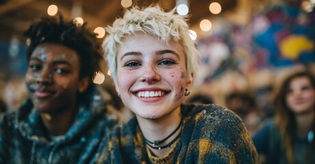 A woman, who is a pottery teacher, smiles alongside her students as they work on a sculpture
