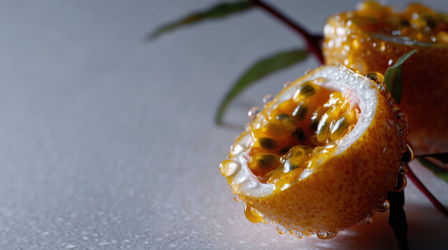 Passiflora ligularis showing its come with water droplets on a livid desktop