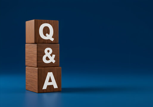 Q and a concept questions and answers faq help support information wooden blocks on blue background