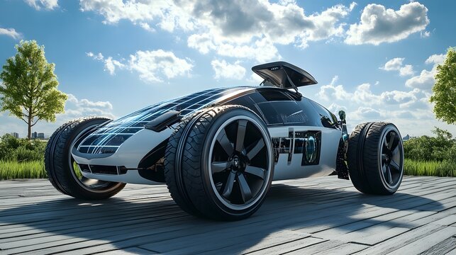 Futuristic vehicle on a paved surface under a partly cloudy sky.