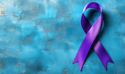 On a blue background, a purple ribbon has been tied into a knot