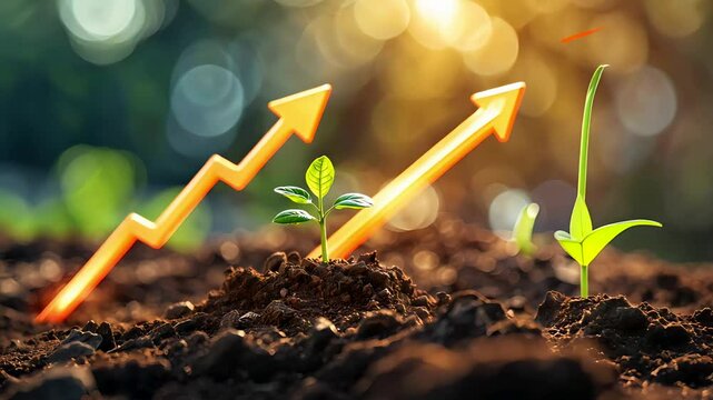 Financial Growth Concept with Arrows and Seedlings Emerging from Soil
