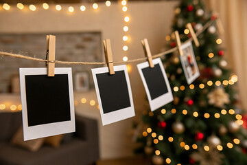 Empty Polaroid photos hanging on a rope with Christmas tree lights in the background