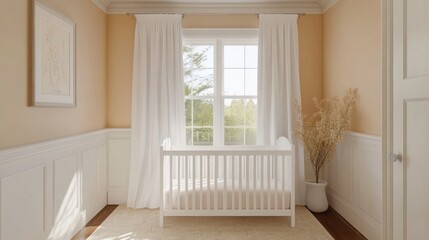 Fototapeta premium Baby crib room, calm interior, natural light, peaceful scene, for baby products, design inspiration