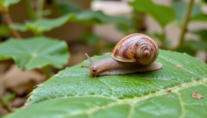 Closeup of a Snail Crawling on a Green Leaf in a Lush Garden Environment