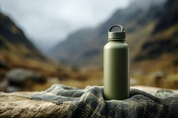 Outdoor metal water bottle resting on a blanket in a mountain setting.
