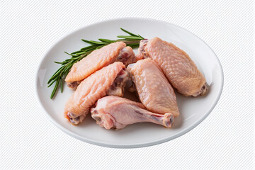 Raw chicken wings on a white plate, isolated on a transparent background