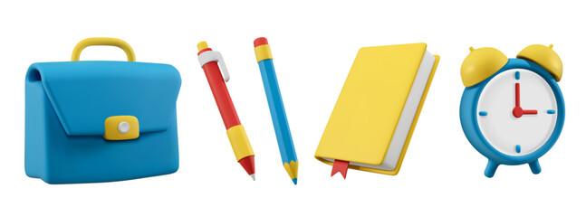 Pen, pencil, book, alarm clock and briefcase 3d vector icons set
