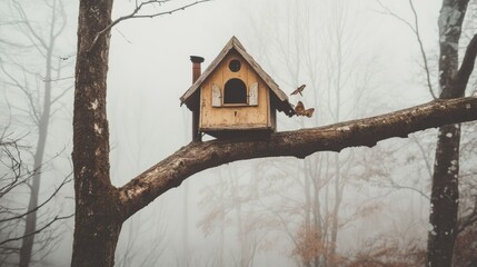 Rustic wooden birdhouse nestled on a tree branch in a foggy forest