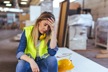 Stressed Female Worker Sitting in a Factory Wearing Safety Gear