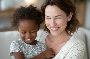 A heartwarming scene unfolds in the living room of a home, where a family shares a loving hug, with a smiling girl and a mother filled with affection for her kid, enjoying relaxation and humor