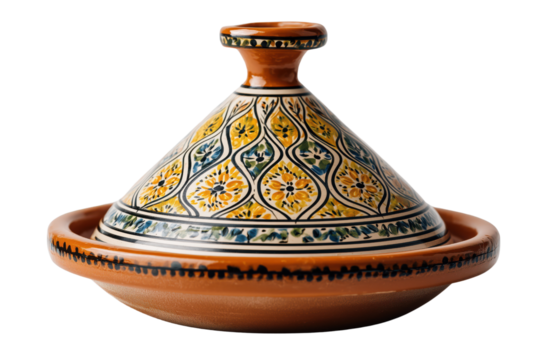 Decorated Moroccan ceramic tagine pot with detailed lid Isolated on transparent Background