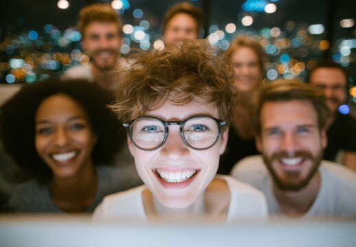 In a nighttime workshop setting, a team utilizes an office and computer to devise business strategies, goals, and plans during overtime, emphasizing collaboration, teamwork, and meetings at desks to - Powered by Adobe