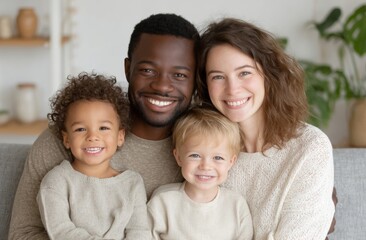 Fototapeta premium The portrait of a happy interracial family sitting on a sofa in their living room exudes love, happiness, and a sense of belonging, as the adoptive parents and children relax and bond together