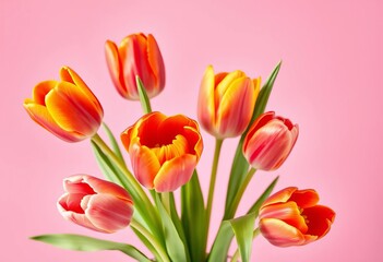 Naklejka premium Vibrant parrot tulips in a vase against a soft pink background Perfect for spring celebrations, celebration, cheerful