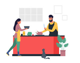 Man and woman wearing aprons while preparing delicious chicken and vegetable dish in modern kitchen. Domestic kitchen scene. Flat clean graphic style. Vector illustration