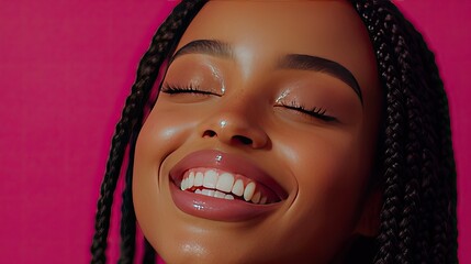 A smiling woman with braided hair poses against a soft pink background.