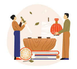 Two people perfumers preparing aromatherapy ritual with diffuser and oil bottle, citrus and incense. Wellness scent therapy, holistic care. Flat warm style. Vector illustration
