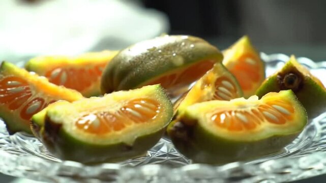 Plate Of Fresh Bael Fruit Cut Into Juicy Segments For Snack Time