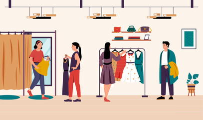 Customers shopping and trying clothes in fashion boutique, browsing dresses and accessories. Clothing retail consumer experience. Flat cartoon style. Vector illustration © Tartila
