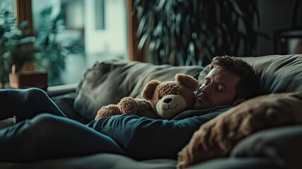 A tired man reclining on a gray sofa, dozing off with a remote in hand.
