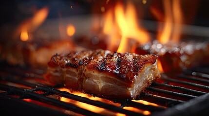 High-detail macro shot of pork belly crackling on the grill, flames rising and fat glistening