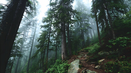 Enchanting forest landscape with towering trees shrouded in mist creating a serene ambience