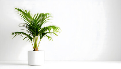 Serene Palm in Minimalist Space: A vibrant, leafy palm, thriving in a minimalist, bright setting, offers a touch of nature's calm. A symbol of life's simplicity.