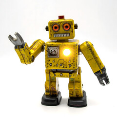 Vintage Robot: A charming, vintage robot with a friendly demeanor, gleaming with a warm yellow hue and offering a glimpse into the nostalgia of technology and imagination. 