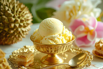 Durian Ice Cream Delight: A decadent scoop of durian ice cream, nestled in a golden bowl, sits atop a golden tray, accompanied by a delicate durian pastry and fresh flowers. Ai Generative