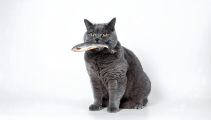 Cat Holding Fish: A captivating portrait of a grey cat proudly holding a fish in its mouth, capturing a moment of feline contentment.