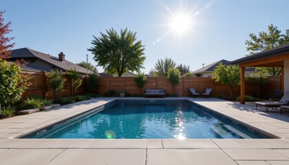 Serene Backyard Pool Surrounded by Lush Trees and Sunshine on a Clear Blue Sky Day