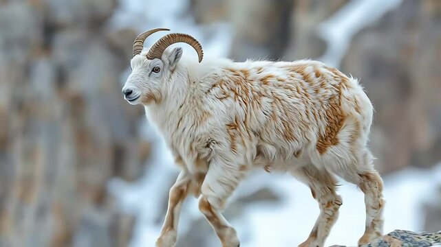 Majestic mountain goat surveys snowy peaks