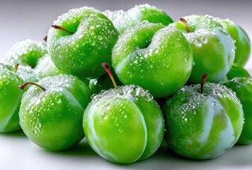 Fresh and Juicy Green Apples with Water Droplets on a Gray Background Perfect for Healthy Food and Nutrition Themes in Stock Photography