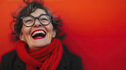 A cheerful older woman with long, silver hair smiles widely, wearing oversized, round glasses and bright red lipstick.