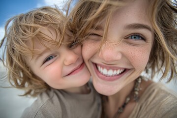 In a park, a mother and child share a smile as they relax, have an adventure, and enjoy peace together during the summer, with the child kissing and hugging her while she gives him a piggyback
