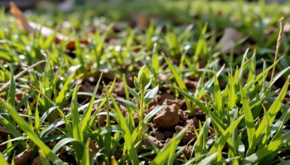 Obraz premium Close-Up View of Lush Green Grass and New Growth in a Sunlit Outdoor Environment