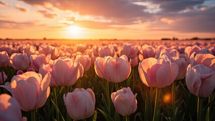 Stunning field of pink tulips bathed in the golden light of a beautiful sunset showcasing natural beauty