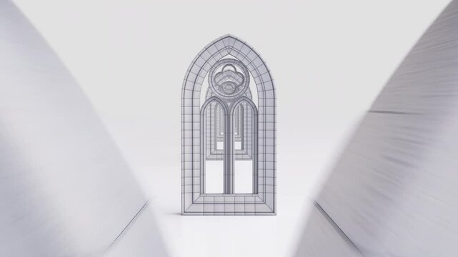 4K 3D seamless loop fly-through of layered gothic windows covered with subtle surface grid lines, creating a technical architectural-draft look. Endless arched frames form a clean, minimal corridor.