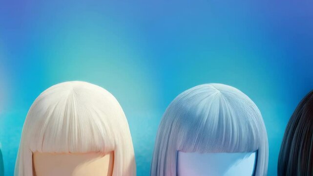 Pastel colored wig heads arranged in rows create a vibrant and surreal pattern against a soft blue background, showing beauty accessories